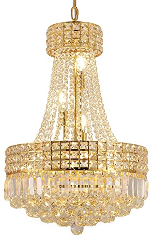 MSSIAN Gold-Kristall-Kronleuchter Empire-Design dimmbar,Luxuriöser runder Deckenkronleuchter E14 6-flammig verstellbare Kette,Ideal für Wohnzimmer, Küche und Flur 42cm