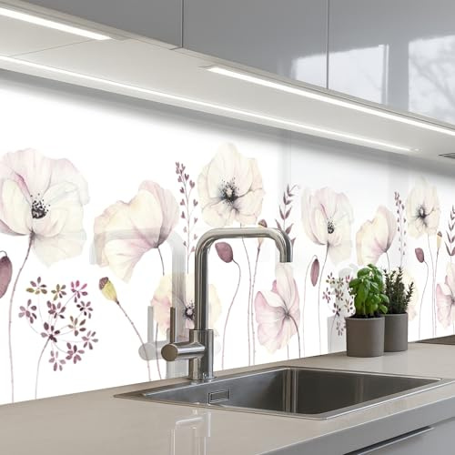 KitchenYeah© Spritzschutz Küchenrückwand Küche Abwaschbar Selbstklebend | 60x250 cm - Küchenwand Küchenfront Küchen Rückenwand Wandschutz Blumen - Pastell - Pflanzen - Weiß