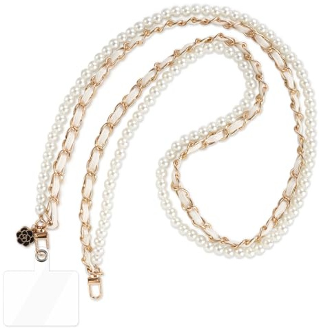 Jrkvniv Collana per cellulare con perle, universale, a doppio strato, in pelle, con inserti trasparenti, compatibile con la maggior parte degli smartphone (bianco)