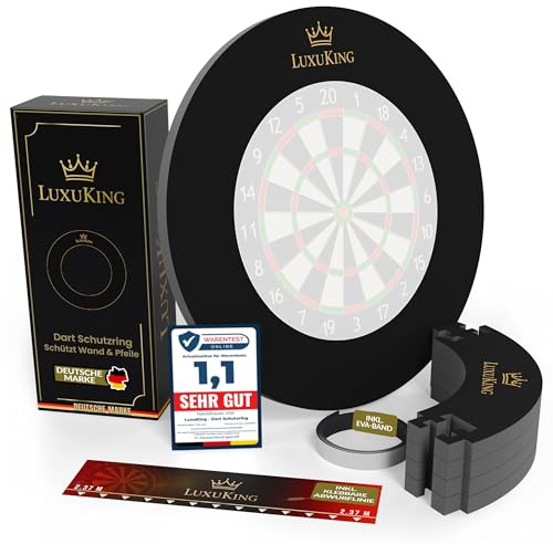 LuxuKing® Dart Surround Schutzring für Dartscheibe & Dartboard – 4-teiliger Dartschutzring/Catchring, 3 cm stark, beidseitig nutzbar, inkl. Eva-Füllband & Gratis Abwurflinie - Wand & Pfeilschutz