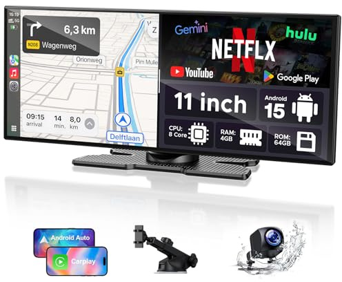LAMTTO 11 Zoll Wireless CarPlay Android Auto Display mit Gemini AI Android 15 Autoradio 8-Kern 4+64GB G00gle Play App Download Net-Flix YouTube Bluetooth 1080P Rückfahrkamera Online- und Offline-GPS