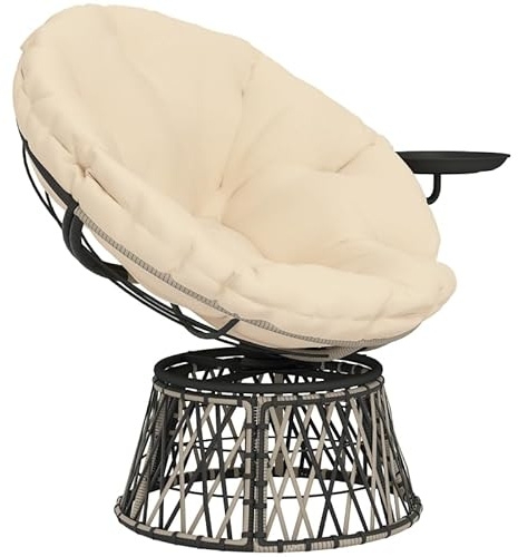 XPSSJMU Papasansessel Rattan 360° drehbar Korbsessel mit Kissen Durchmesser 90 cm runder Outdoor Rattansessel Drehsessel Loungesessel Liegesessel für Wohnzimmer Garten Balkon Beige