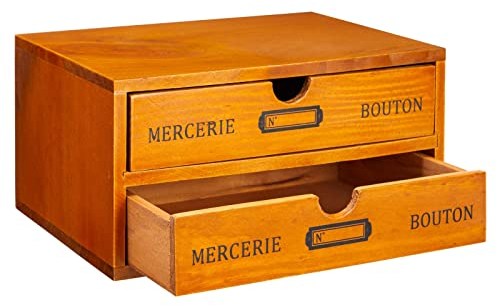 Schubladenbox aus Holz mit 2 Fächern, Mini-Kommode im französischen Vintage-Stil, Braun, 25 x 18 x 13 cm