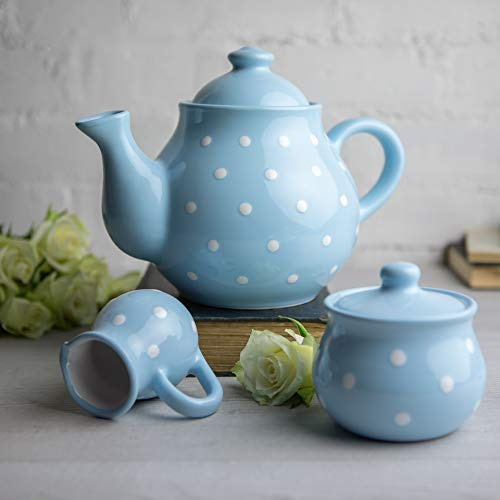 City to Cottage® Set Grande de Tetera, Jarra de Leche y Azucarero de Cerámica con Diseño de Lunares Hecho y Pintado a Mano en Azul Celeste y Blanco, 1,7 L/60 oz/4-6 Tazas