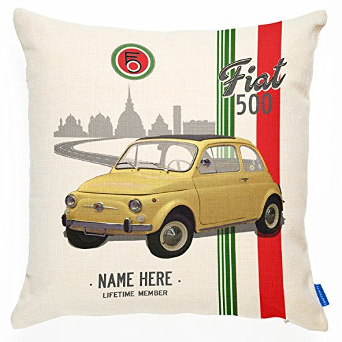 KRAFTYGIFTS Personalised Fiat 500 Cushion Cover - Add Name Gift CC06