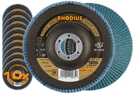 RHODIUS LSZ F3, 10x Ø 125 mm K80 Fächerschleifscheiben, Made in Germany, Metall Schleifscheibe für Winkelschleifer, Lamellenscheibe, Fächerscheibe