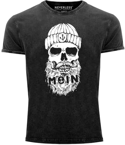 Neverless® Herren Vintage Shirt Moin Totenkopf Anker Skull Printshirt T-Shirt Aufdruck Used Look Slim Fit