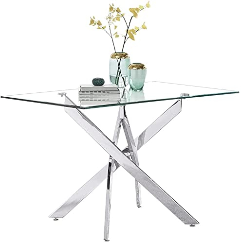GOLDFAN Glas Esstisch Küchentisch Glastisch Silberne Metalltischbeine Moderner Stil Quadratischen Tisch für Büro Küche 110cm