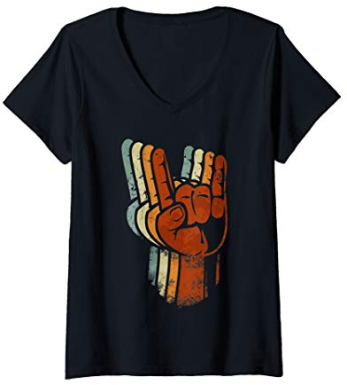 Damen Teufelshörne Zeichen Retro Vintage Metalfork Pommesgabel T-Shirt mit V-Ausschnitt