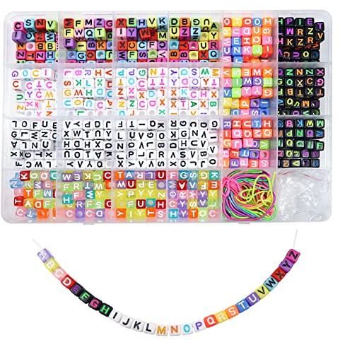 TOAOB 800 Pezzi Perline Lettere per Braccialetti Colorate 6mm Acrilico Cubo Alfabeto Perle Bead e 2 Stili di Filo Elastico per Bigiotteria Gioielli Bracciali Fai da Te Collane Phone Catene Portachiavi