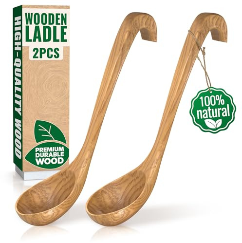 2 Pcs Wooden Ladle for Soup – 10.8×2.8 Bamboo Soup Ladle for Stews and Sauces with Deep 2.7 fl oz Capacity & Lacquer-Coated Finish – Wooden Cooking Spoons with Hook Handles for Kitchen & Catering