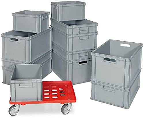 Lot de 12 boîtes empilables grises en 4 tailles + 1 chariot de transport gratuit