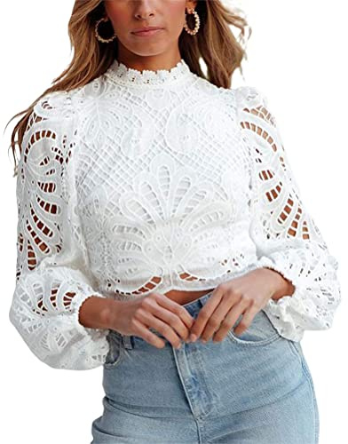 Onsoyours Blusa Donna Camicia Top in Pizzo Elegante Vintage a Maniche Lunghe Collo Alto a Sbuffo Trasparente per Primavera/Autunno A Bianco XL