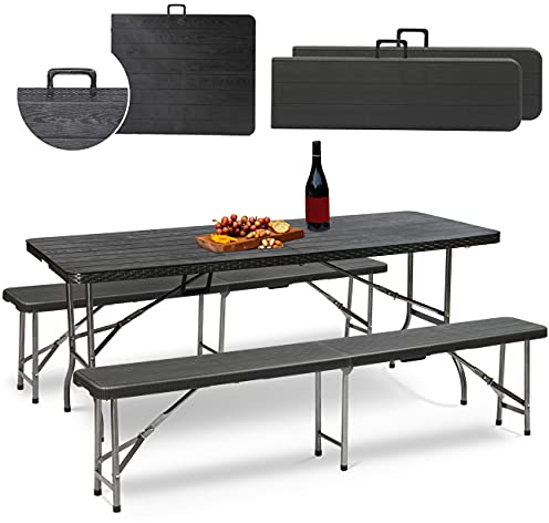 Sekey Bierzeltgarnitur Klappbar Campingtisch Set, 2 x Bierbänke & 1 x Biertisch, 180cm Biertischgarnitur 3-teilig Gartenmöbel Set Holzmaserung, Schwarz