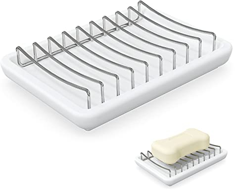 Linkidea Double Layer Ceramic Soap Dish, Stainless Steel Self Draining Soap Tray Holder, Soap Sponge Box for Bathroom Shower