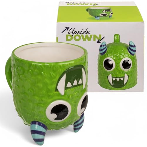 Mugg med handtag kaffekopp tekopp uppside-down-mugg keramisk huvudmugg, ca 400 ml (monster grön)
