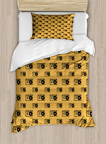 Ambesonne Retro Duvet Cover Sets, Old Times Cassettes Musical Items Repetitive Entertainment Equipment, Bedding Set with 2 Duvet Covers & 4 Pillowcases, 2 Pack Queen Size, Pale Earth Yellow Taupe