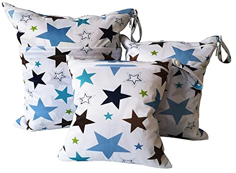 Treer 3 Stück Windeltasche für Unterweg, Schön Muster Stoffwindeln Nasstaschen Baby Wetbag mit Reißverschluss Wiederverwendbar Wasserdicht Waschbar Kleinkind Windeln Organizer Beutel (Stern)