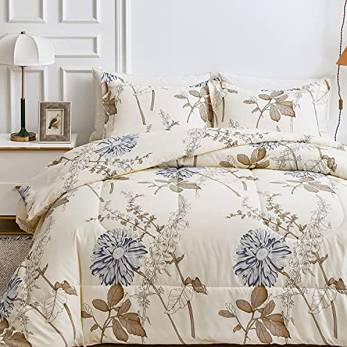 Lanqinglv Bettdecke 200x200cm Ganzjahresdecke 4 Jahreszeiten,Beige Blumenmuster Steppdecke für Allergiker Zudecke Schlafdecke Duvet 200x200 mit 2 Kissenbezug 80x80cm