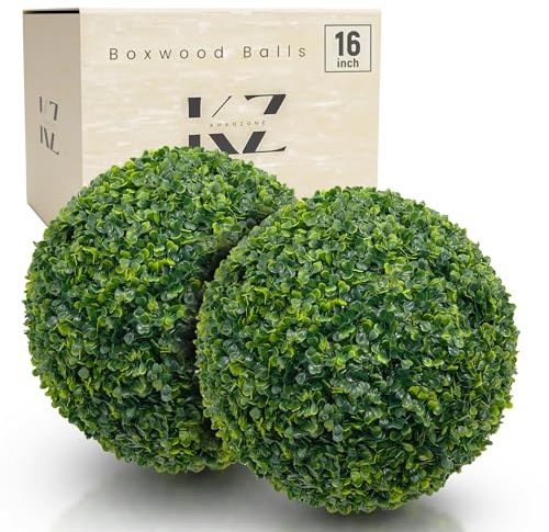 Faux Topiary Boxwood Plant – 2 Pieces 16 Inch Artificial Boxwood Topiary Plant Balls for Indoor & Outdoor Decorations, UV Resistant Decorative Boxwood Garden Spheres for Backyard Porch & Balcony Decor