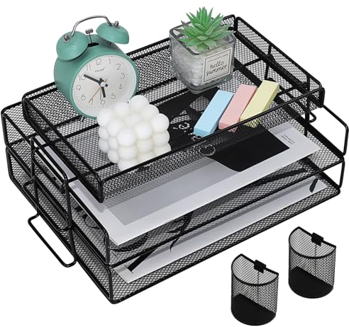 PLSOPPKG Stapelbare Dokumentenablage, Briefablage aus Metall, Büro Briefablage aus Metall für A4 mit Top Schreibwarenhalter, Schreibtischablage für Büro Schule, 2 Etagen