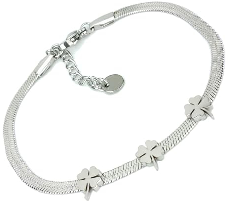 SAGA GIOIELLI® Bracciale Unisex Donna Uomo Piattina Dorata Argentata Lunghezza Regolabile Quadrifoglio Portafortuna Acciaio (QUADRIFOGLI)