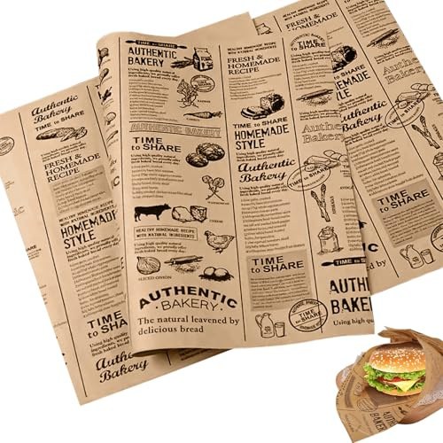 CECOMBINE 100 Eco-Friendly Greaseproof Paper Sheets 25x25cm, Waterproof, Tear Resistant-Ideal for Food Gift Wrapping, Baking More -Old Newspaper Printing Style -Perfect for Burgers, Fries, Sandwiches, CECO-U927