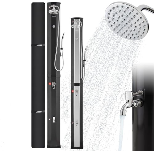 Arebos Ducha solar de 60 L, con ducha de mano y termómetro, temperatura del agua hasta 60 °C, ducha de piscina para camping, cabezal de ducha redondo, tecnología Snap-in, incluye cubierta, color negro
