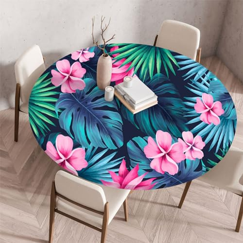 Morbuy Elastische Tischdecke Rund Wasserdicht, Monstera Blätter Tropisch Stil Tischdecke mit Gummizug Rund Tischdecken Tischtuch Abwischbar Gartentischdecken (Durchmesser 90cm,Rosa Blumen)