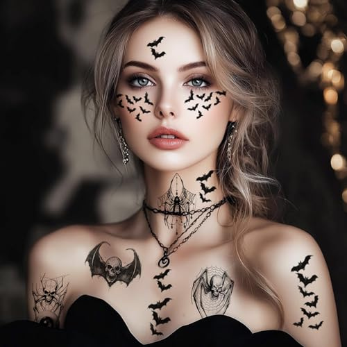 Spinnen Tattoo Halloween Skeleton Fledermaus, 6 Blatt 3D Realistisch Gesichtstattoo Halloween, Erwachsene Temporäre Halloween Tattoo Spinnen Masquerade Kostüm Makeup Zubehör