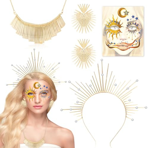 DPKOW Heiligenschein Krone Stirnband Sonnengöttin Kostüm Zubehör Kopfbedeckung Kopfbedeckung Halskette Ohrringe Gesicht Tattoo für Griechische Göttin Damen Karneval Cosplay