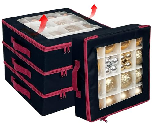 VERONLY Aufbewahrungsbox für Weihnachtskugel-Ornamente mit Trennwänden, faltbar, mit 2 Griffen und Deckeln für den Urlaub, Schwarz, 4 Stück