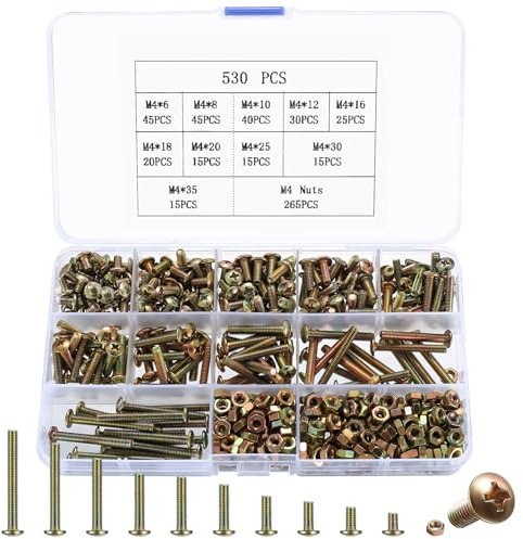 530 Pcs M4 Bolts and Nuts Set, Cross Pan Head Screws Nuts and Bolts Set, Round Head Phillips, Assorted Machine Screws Bolts with Assortment for Home Office Industrial