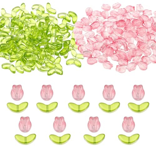 PATIKIL Tulip Flower Crystal Glass Beads, 200 Pack Texture Flower Bead Handcrafted Glass Spacer Bead for Jewelry Making Bracelet Earring, Light Red/Green