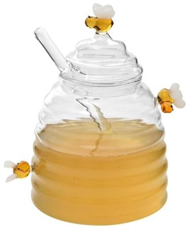 Honigbehälter Topf | Glas Sirup Spender Glas | Honiggläser mit Dipper | Bienenstock Honigschale | Niedliches Glas Honigglas mit Dipper und Deckel für Marmelade, Sirup, Home Kitchen Honig