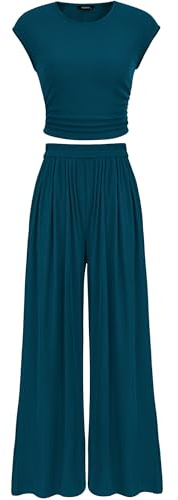 PRETTYGARDEN 2-teiliges Damen-Sommer-Outfit 2025, Flügelärmel, gerüscht, schmal, T-Shirt, gerippt, weites Bein, Hosen-Set, Trainingsanzug, Seeblau, M
