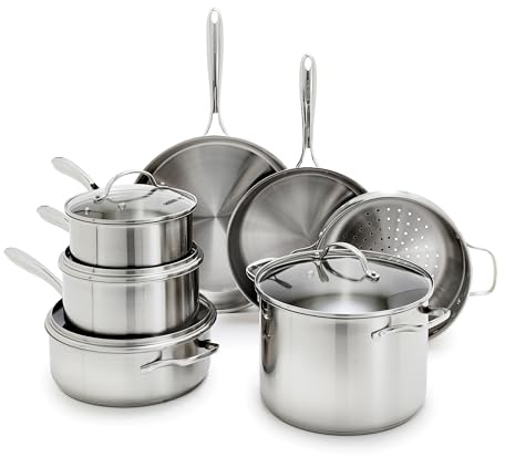 GreenPan 11 Piece Stainless Steel Cookware Set, Induction Ready, Tri-Ply Multiclad Pots & Pans with Lids, Compatible on All Cooktops, Measurement Markings, Dishwasher & Oven Safe,Swift, Silver Handles