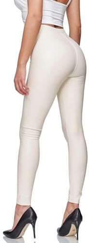 Glamexx24 Leggings da donna in similpelle a vita alta, con effetto pelle, Crema tinta unita, L szczupły