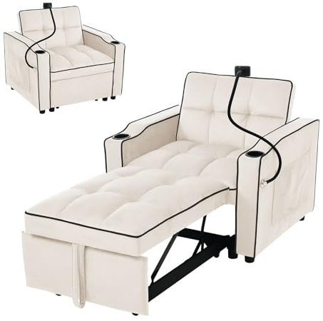 Schlafsofa 3-in-1, Schlafsessel mit Bettfunktion Klappbares mit Handy Stander, Seitentaschen und Getränkehalter, 3-Fach Verstellbare Rückenlehne, Ausziehbar Relaxsessel fürs Wohnzimmer, Schlafzimmer