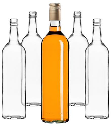 KADAX Lot de 20 Bouteilles en Verre 1L avec Bouchon à vis dorées, Longues – Bouteilles de Lait vides à remplir pour jus, Smoothies, Lait et sirop, Conservation Alimentaire