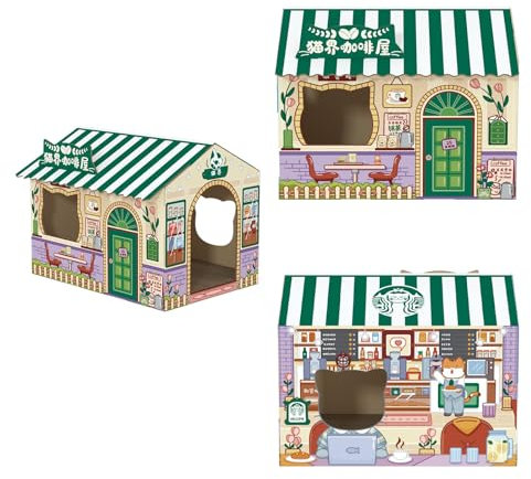 LAITEGOG Katzenhaus aus Karton, wendbares Katzenspielhaus mit Kratzbaum und Katzenminze, einfach zusammenzubauen, langlebiges Katzenkratzhaus, stilvolle Heimdekoration for Katzen(Coffee Shop)