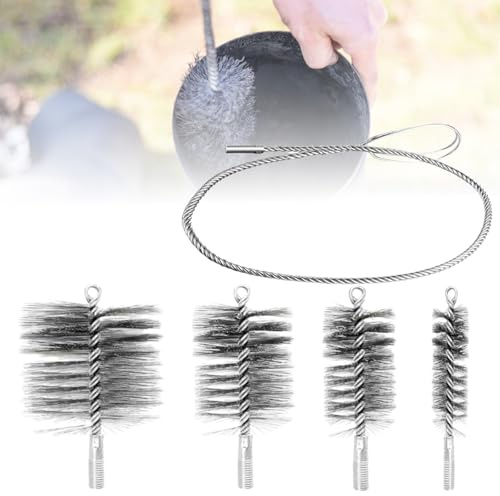 Juego de 4 cepillos para tubo de estufa (30/50/80/150 mm) con barra de empuje de 1 m, escoba para chimenea y escoba de chimenea de alambre de acero, juego de cepillos para chimenea, tubo de chimenea