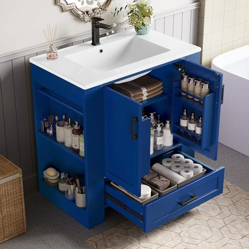Moimhear 76 x 46 x 78,5 cm, mobile da bagno, con laccatura completa, doppia porta, cassetti silenziosi, mensole su entrambi i lati, lavabo in ceramica integrato, blu