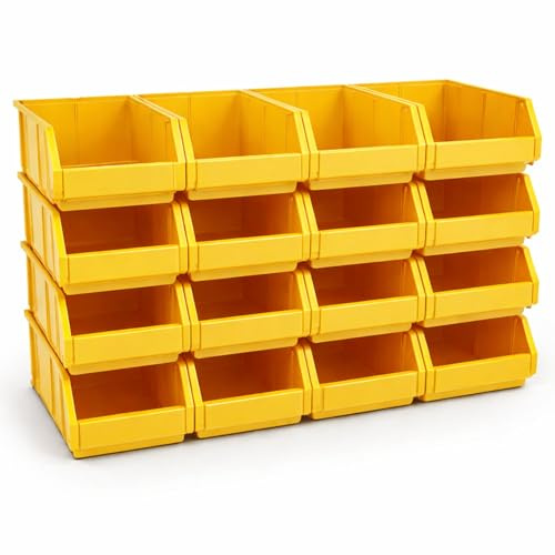 Rodopi 16er Set Stapelboxen, Größe L | Sichtlagerkästen 335x209x152mm | Robuste Lagerboxen für Werkstatt, Garage, Keller | Sortierkästen für Werkzeug & Baumaterialien Gelb