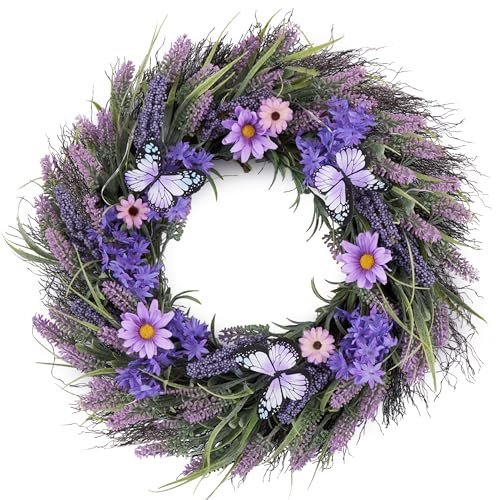 Valery Madelyn Spring Lavender Wreaths for Front Door, Artificial Floral Summer Wreath with Lights Purple Bellflower Berries Butterfly for Home Outside Wedding Porch Window Arch Decor-18''