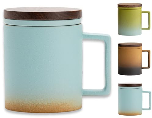 JanYoo Teetasse mit Deckel und Sieb, 300ml Teebecher mit Teesieb und Deckel für Losen Tee, Blooming Tea, Keramik Farbverlaufende Glasur Teetassen Geschenke für Teeliebhaber(Blau)