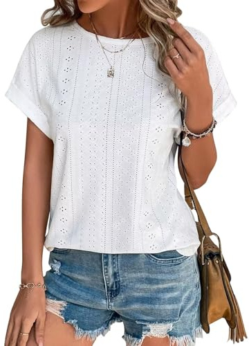 Cuptacc Camiseta para mujer, blusa elegante de verano 2025, moda con bordado de agujeros, top de manga corta, túnica casual, Blanco, 3XL