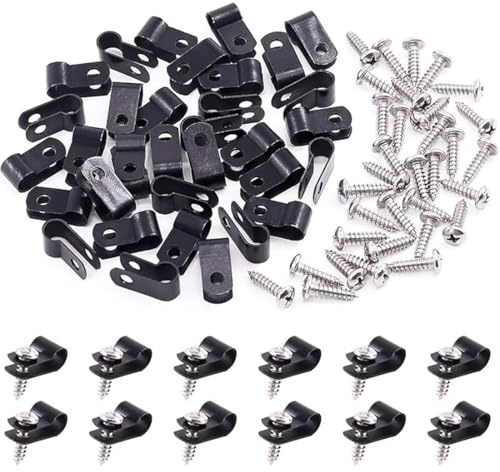 LAKPYN 100 Stück R-Kabelklemmen, Schwarze Kabelklemmen mit Schrauben R Typ Cable Clip für Kabelmanagement Kabel Klemmen zum Schrauben für Draht Kabel Schlauch(1/4 zoll)