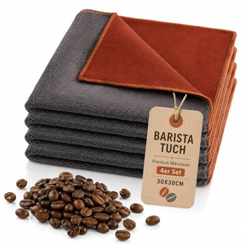 4er Barista Tuch Set 30x30cm 500GSM, Mikrofaser für Siebträger & Dampflanze | Reinigungstücher,doppelseitig, fusselfrei, streifenfrei, saugstark, für Siebträger, Dampflanze, Espressomaschine, waschbar