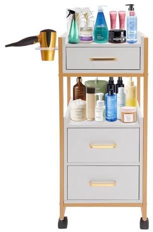 chennnls Carro de peluquería con 3 cajones y 2 Niveles, Carrito de Almacenamiento Enrollable para Barber Shop, Dorado y Negro, 36 x 32 x 87 cm (Dorado Y Blanco)